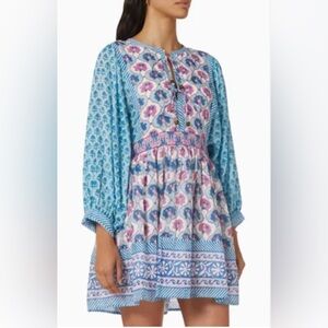 NEW OLIPHANT TIE FRONT BALLOON SLEEVE SHORT - FLORAL FERN BLUE